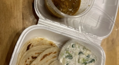Parotta with Chicken Curry and Raita (Chicken curry is of 300g including pieces of chicken and Parotta BIG PORTION: 3 pieces)